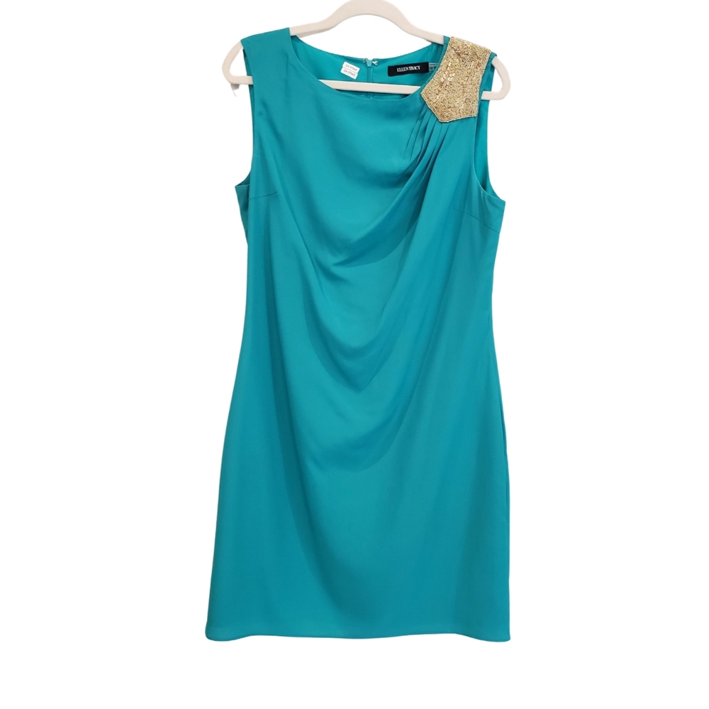 Ellen Tracy 12 Teal with Gold Beaded Shoulder Elegant Cocktail Dress Midi